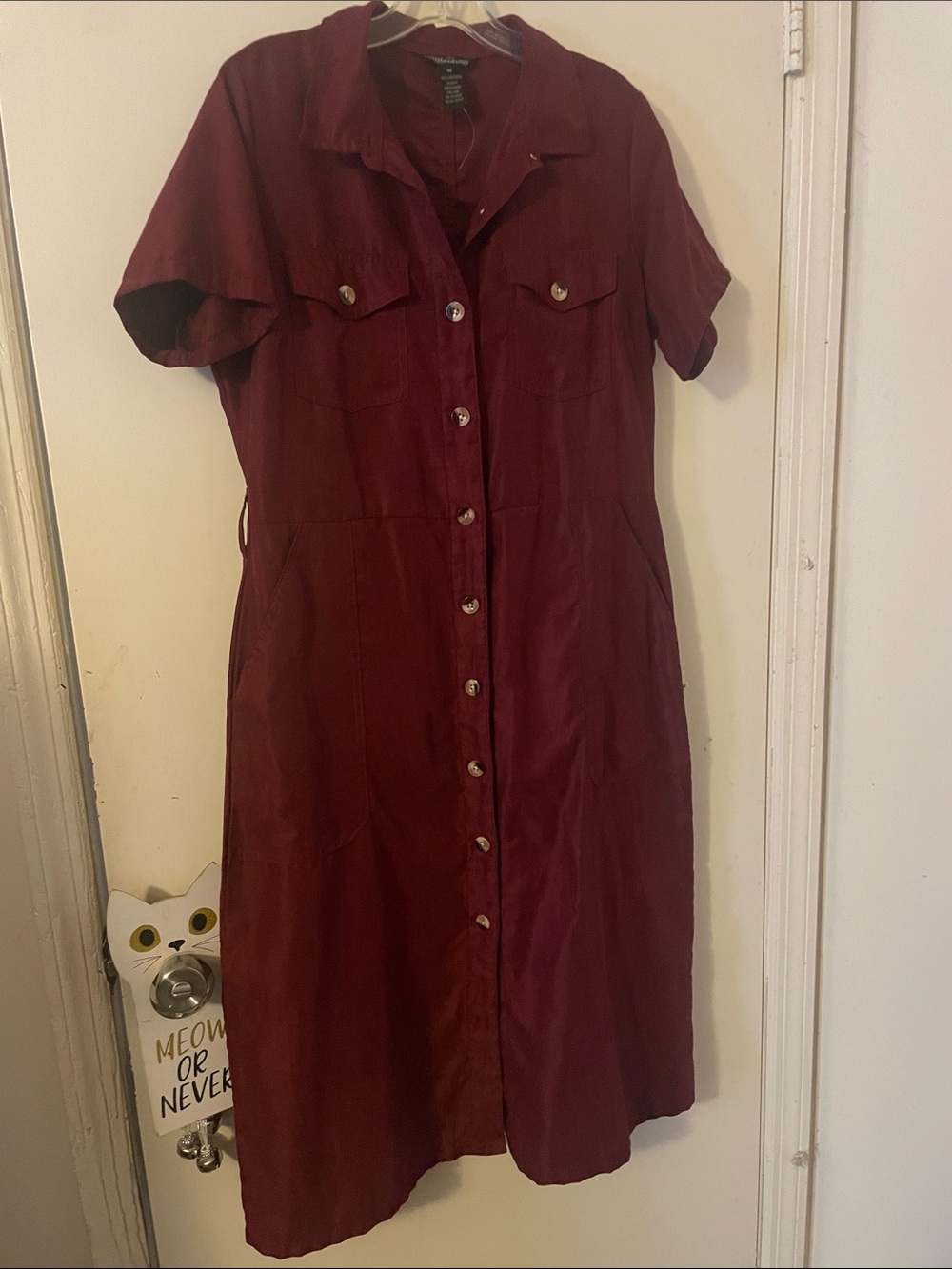Button-Front Short Sleeve Burgundy Shirt Dress